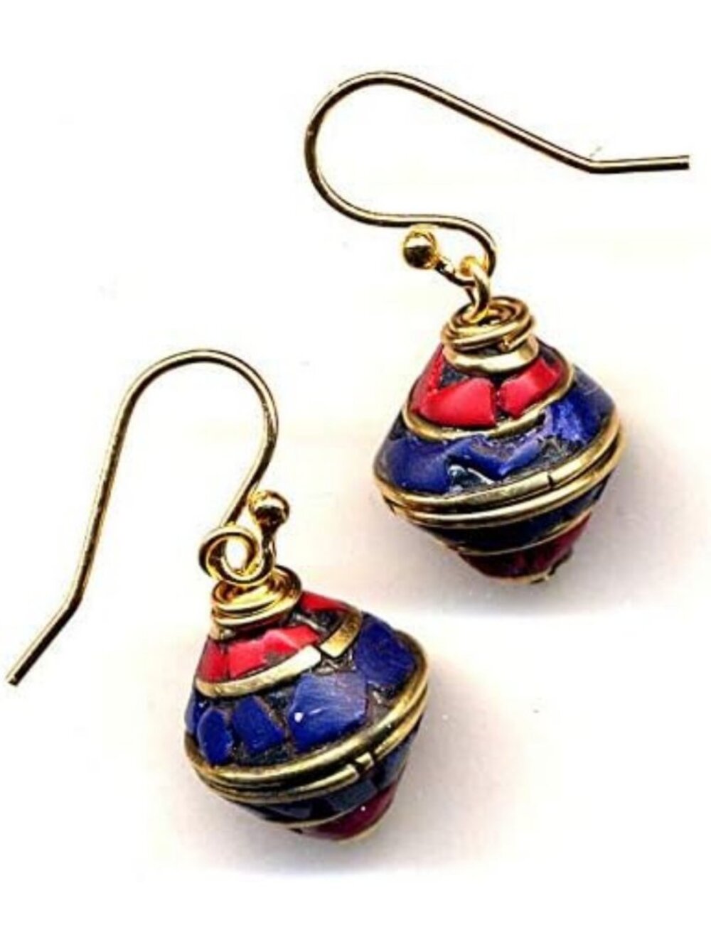 Boho Tribal Lapis Earrings, Blue Red Gold Filled, Coral Tibet Style Jewelry